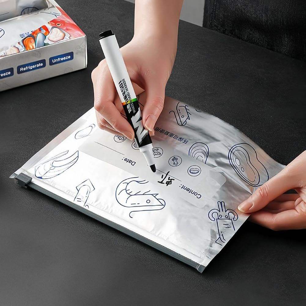 রিউজেবল অ্যালুমিনিয়াম ফয়েল ফুড স্টোরেজ ব্যাগ | ফ্রিজার সেফ জিপার ব্যাগ সেট (কন্টেন্ট + ডেট লেবেল সহ) – মাংস, মাছ, ফল-সবজি সংরক্ষণের জন্য | - Image 4