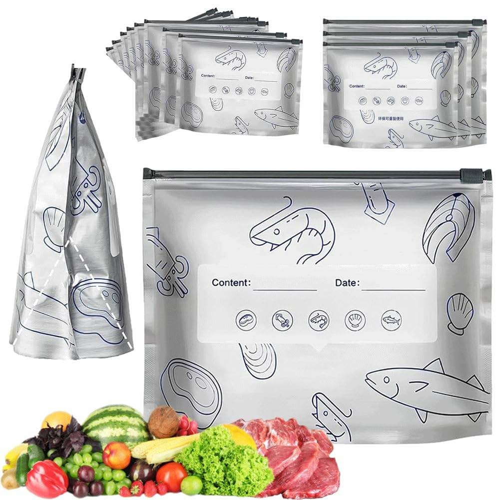 রিউজেবল অ্যালুমিনিয়াম ফয়েল ফুড স্টোরেজ ব্যাগ | ফ্রিজার সেফ জিপার ব্যাগ সেট (কন্টেন্ট + ডেট লেবেল সহ) – মাংস, মাছ, ফল-সবজি সংরক্ষণের জন্য | - Image 2